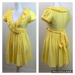 Ya Los Angeles Sunny yellow, silky ruffle V neck wrap babydoll mini dress S